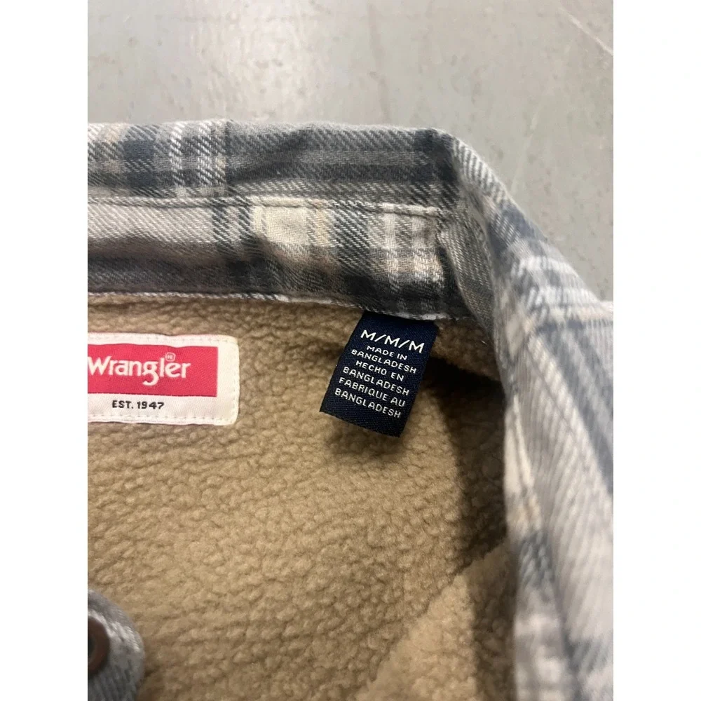 Wrangler Flannel Jacket Men Medium Gray Plaid Sherpa Lined Rugged Lumberjack NWT